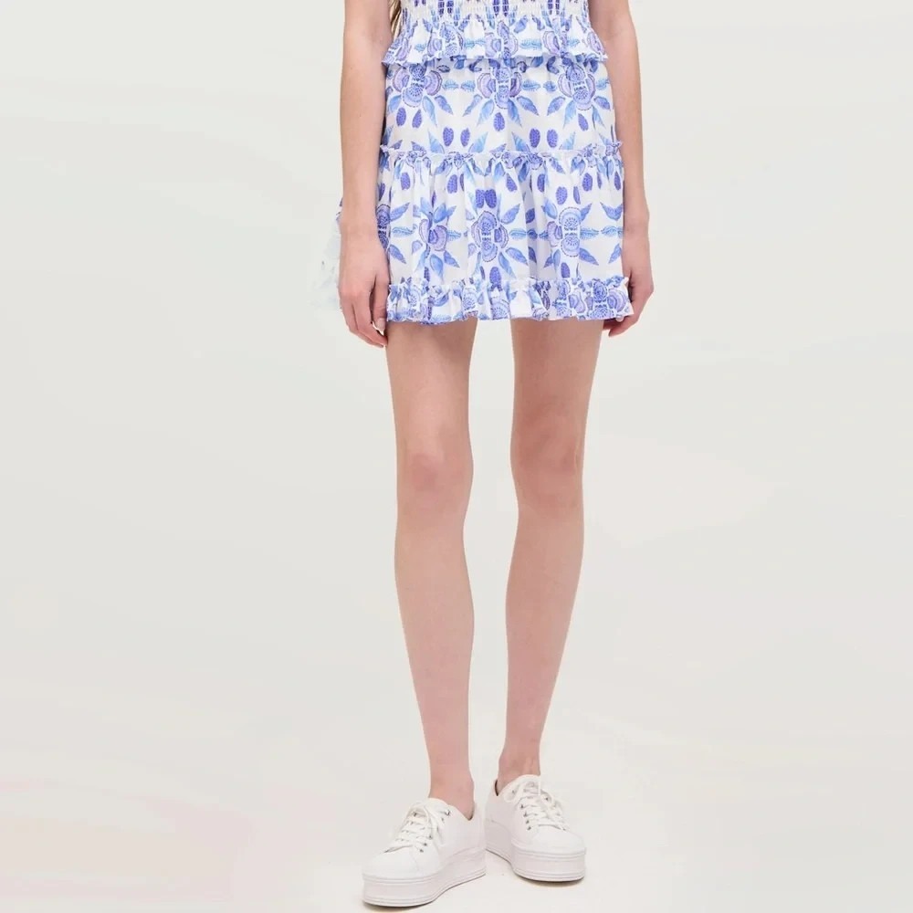 Hill House Linen Paz Tiered Ruffle Skirt in Blue Shell Mosaic Size TN (XXXS)